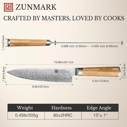 8 Inch Chef Knife, 67-Layer Damascus Steel Pro Kitchen Knife with Unique Hybrid Octagonal-Oval Olive Wood Handle, 10Cr15Comov Super Steel, Ultra-Sharp 13° Blade8