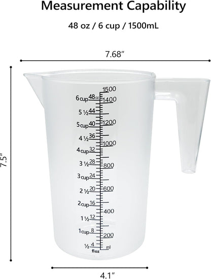 Liquid Measuring Cup with Handle, 48 Oz / 6 Cup / 1500 Ml Plastic Measuring Pitcher, Permanent Laser-Etched Markings, Large Measuring Cup for Kitchen Baking, Cooking & Garden Mixing7