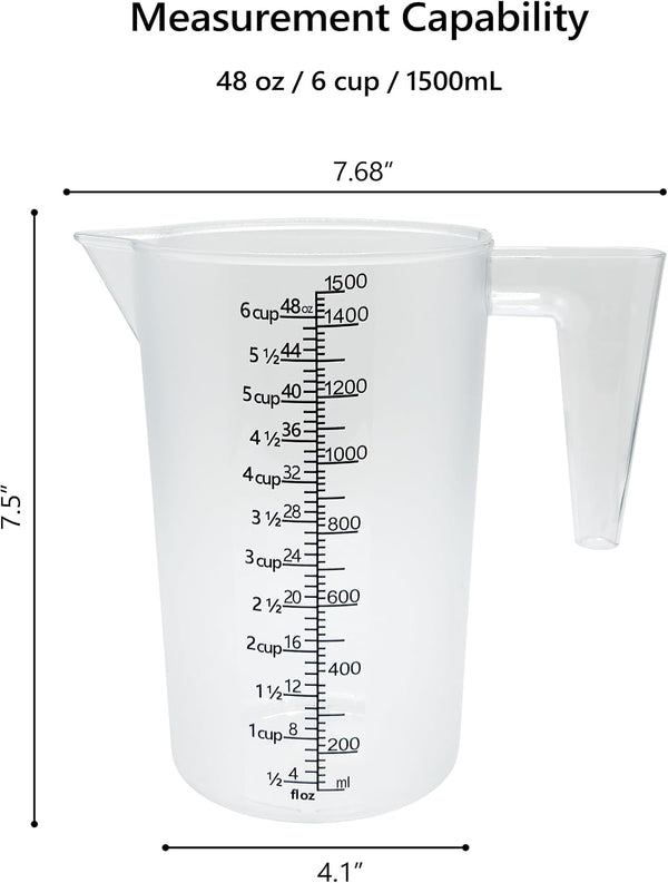 Liquid Measuring Cup with Handle, 48 Oz / 6 Cup / 1500 Ml Plastic Measuring Pitcher, Permanent Laser-Etched Markings, Large Measuring Cup for Kitchen Baking, Cooking & Garden Mixing7