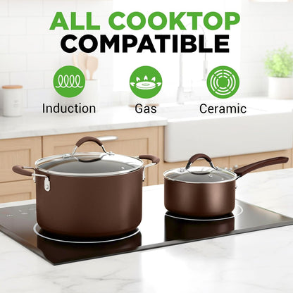14-Piece Nonstick Brown Cookware Set - Scratch-Resistant Kitchen Pots and Pans with Lids & Utensils, for All Cooktops - NCCW14SBR2