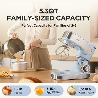 3-IN-1 Electric Stand Mixer 5.3QT 6-Speed with Pulse Function Blue |  Kitchen Mixer for Daily Use with Whisk,Dough Hook,Flat Beater&Splash Guard, for Baking Bread,Cookies and Cake3