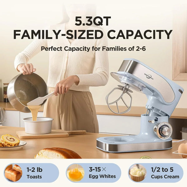 3-IN-1 Electric Stand Mixer 5.3QT 6-Speed with Pulse Function Blue |  Kitchen Mixer for Daily Use with Whisk,Dough Hook,Flat Beater&Splash Guard, for Baking Bread,Cookies and Cake3