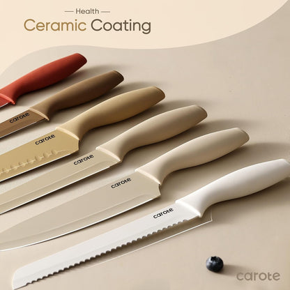Kitchen Knife Set, 6 Color-Coded Knives and 6 Blade Guards, 12-Piece | Stainless Steel Blades, Ceramic Nonstick Coating, Long-Lasting Sharpness, Rust-Resistant, Non-Slip, Dishwasher Safe5