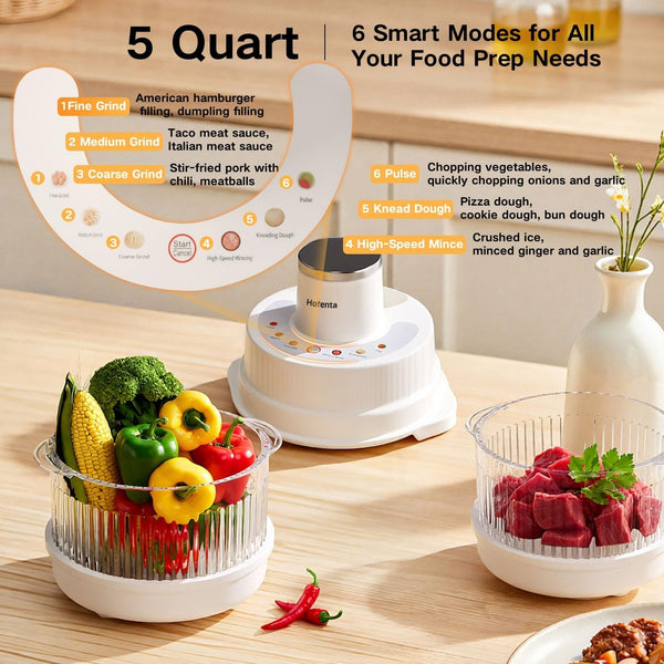 5QT Food Processors, Electric Food Chopper with Meat Grinder & Vegetable Chopper,Thickened Glass Bowl with Powerful 500W Copper Motor,2 Sets of 6-Blades for Fruits/Meat/Nuts,6 Precision Modes2