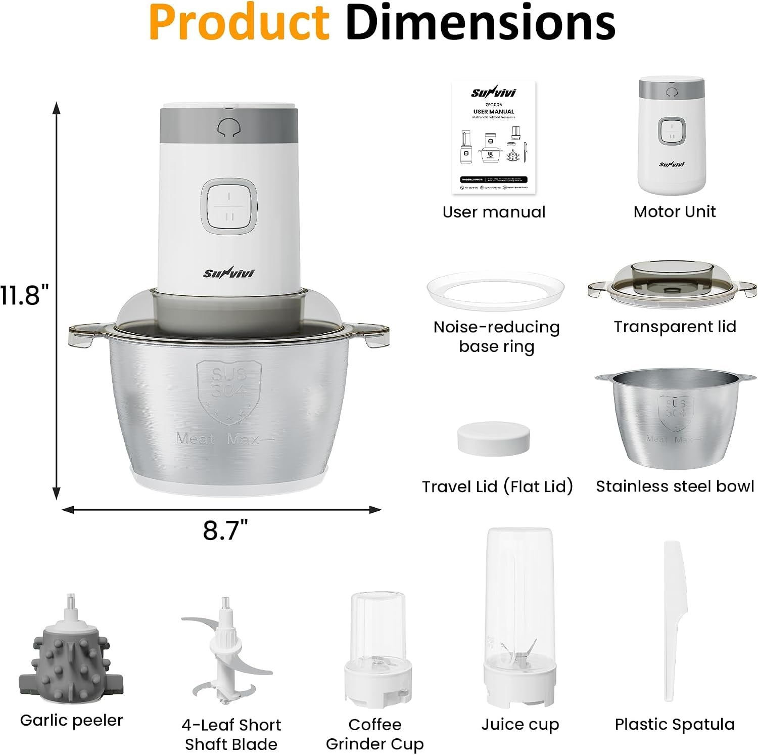4-in-1-food-processor-350w-electric-meat-grinder-2-bi-layer-4-blades-1-8l-stainless-steel-bowl-juicer-coffee-grinder-garlic-peeler-vegetable-chopper-2-speed-150-350ml-cups-white