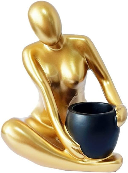Modern Abstract Statue with Removable Faux Succulents Plants – Resin Figurine Home Decor Accents, Coffee Table Shelf Styling. Collectible Art Luxury Gift Items Woman Thinker Sculpture (Gold)9