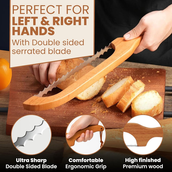 16" Premium Bread Slicer for Homemade Bread Knife for Homemade Bread Bow Sourdough Knife Starter Kit Bread Dough Tools Slicing Bagel Slicer Wooden Sandwich Cutter Handle Saw Breadly Razor Both Hand4