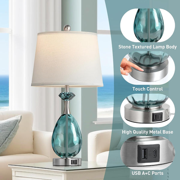 Coastal Glass Table Lamps Set of 2, 3-Way Dimmable Touch Control Nautical Lamp with USB A+C Ports,Bedside Lamp Beach Decor,Nightstand Lamp with White Shade for Living Room Bedroom(Led Bulbs Included)4