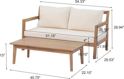 Pablo 4-Seater Patio Furniture Set with Removable Cushion, 4 Piece Outdoor Acacia Wood Conversation Set, Wooden Outdoor Sectional Sofa Set with Coffee Table,Light Teak+Beige8