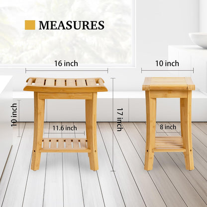 Bamboo Shower Bench inside Shower Stool with Storage Shelf, Spa Bath Chair for Bathroom, Seat or Organizer for Living Room, Bedroom and Garden - Great for All Ages Elderly (Small, Natural)2