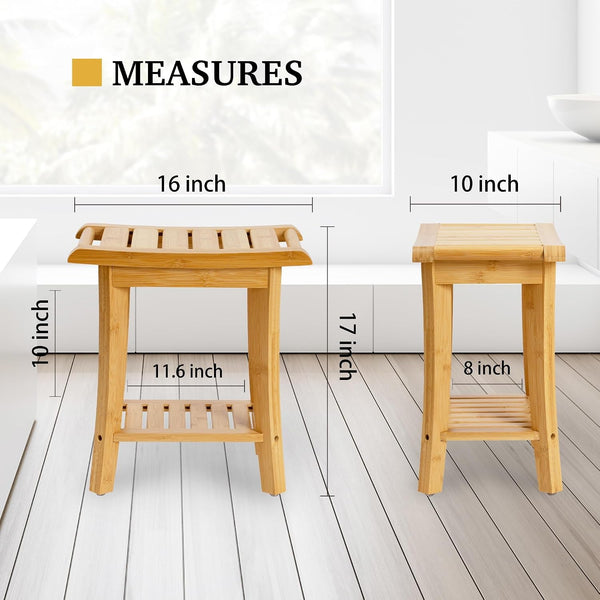 Bamboo Shower Bench inside Shower Stool with Storage Shelf, Spa Bath Chair for Bathroom, Seat or Organizer for Living Room, Bedroom and Garden - Great for All Ages Elderly (Small, Natural)2