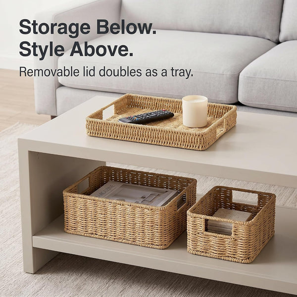 Wicker Storage Basket with Lid for Shelves, Set of 2, Natural3