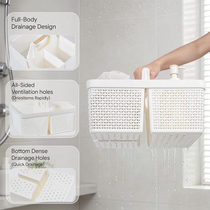 Portable Plastic Shower Caddy Basket with Wooden Handle, White3