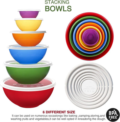 Plastic Mixing Bowls with Lids Set for Kitchen, 6 Set Nesting Bowls for Mixing, Baking, Prepping, Cooking and Serving Food, Mixing Bowls Dishwasher, Microwave Safe7