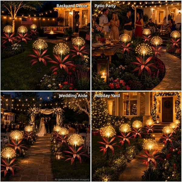 Solar Firework Lights Outdoor,2 Pack 120 LED Solar Garden Lights with Tropical Plant-Style Leaves,8 Modes Waterproof Decorative Yard Stake Lights for Patio Pathway Front Yard,Wedding Party Garden Gift4
