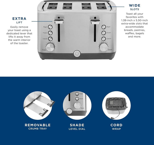 GE Stainless Steel 4 Slice Toaster | Extra Wide Slots for Bagels, Breads, Waffles & More | 7 Shade Options | Countertop Kitchen Essentials | 1500 Watt3