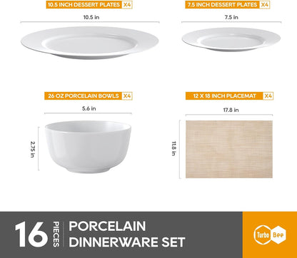 16 Pieces Plates and Bowls Sets, White Porcelain Dinnerware Sets, Ceramic Dishes Set Service for 4, White Kitchen Dinner Dining Ware Set2