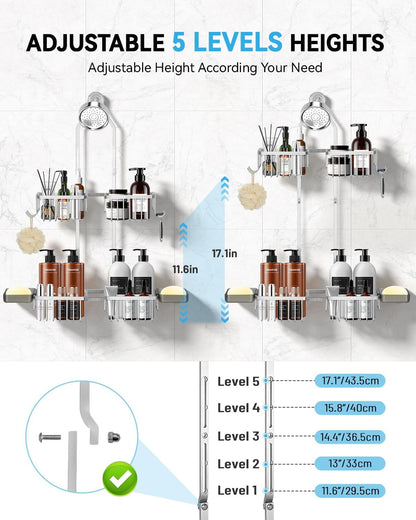 Adjustable Shower Caddy Hanging - Never Rust Shower Organizer Hanging, Aluminum Shower Racks for inside Shower - Bathroom Organizers and Storage with 2 Soap Holders and 2 Removable Hooks, Silver3