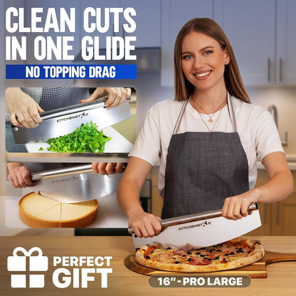 16-Inch Pizza Cutter Rocker Blade, 304 Stainless Steel Slicer Knife, Silver | Keeps Toppings Intact, Super Sharp, Protective Cover Included, Best for Large Pizzas, Dishwasher Safe2