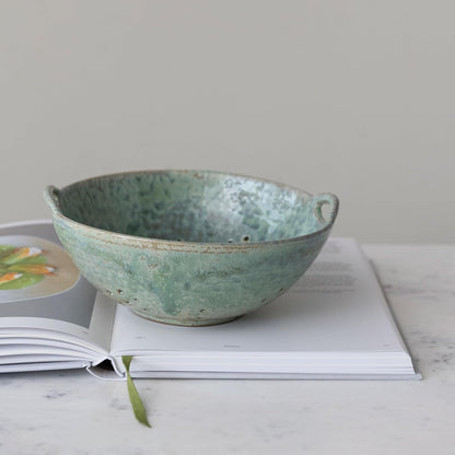Creative Co-Op Stoneware Berry Bowl with Handles, Aqua Reactive Glaze2