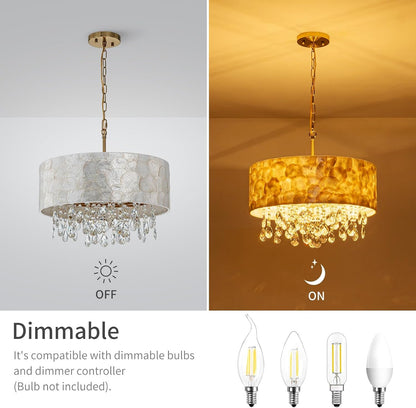 D18In Drum Capiz Shell Crystal Chandeliers, 4-Light Coastal Style Light Fixture for Dining Room, Living Room, D18X21~68"(Adjustable), K9 Crystal, Shell Lampshade & Gold Finish3