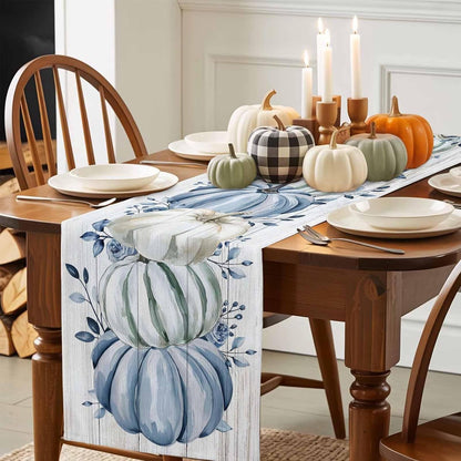 Fall Table Runner Blue Pumpkin Table Runners Harvest Thanksgiving White Blue Pumpkins Wooden Cotton Linen Dresser Scarf Kitchen Dining Table Decor for Autumn Holiday Party Coffee 13X120 Inch6