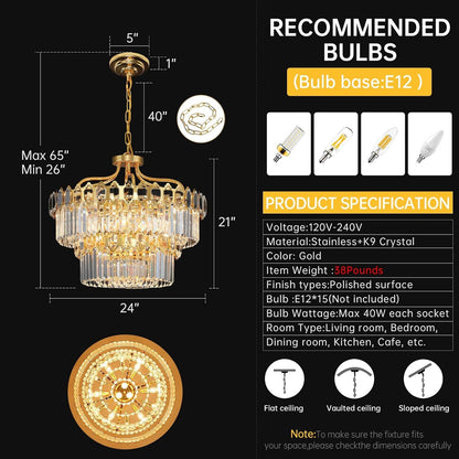 15-Light Modern Luxury Gold round Crystal Chandeliers for Dining Room 24"6