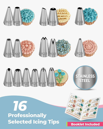124 Icing Piping Bags and Tips Set Frosting Cake Decorating Kit Blue | Baking Supplies Tools, 100 +1 Piping Bags 12", 16 Icing Piping Tips, Reusable Pastry Bag, 3 Scrapers, for Beginners & Pros2