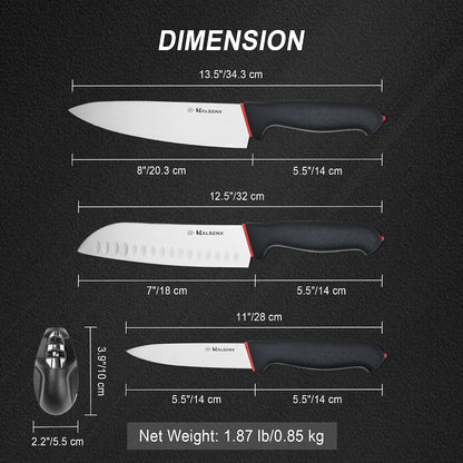 5-Piece Kitchen Knife Set, In-Drawer Storage & Sharpener | 4-Pc: Chef, Santoku & Utility Knives, Drawer Storage, No Block, Built-In Sharpener, Soft Non-Slip Grip, Rust-Proof Steel.6