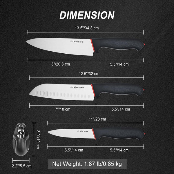 5-Piece Kitchen Knife Set, In-Drawer Storage & Sharpener | 4-Pc: Chef, Santoku & Utility Knives, Drawer Storage, No Block, Built-In Sharpener, Soft Non-Slip Grip, Rust-Proof Steel.6
