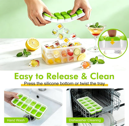 Ice Cube Tray with Lid and Bin - 4 Pack Molds Space-Saving Ice Bucket Kit | Stackable Silicone Trays for Freezer, for Whiskey, Cocktails, Coffee, Juice, Soda, Kitchen & RV5