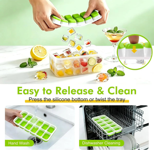 Ice Cube Tray with Lid and Bin - 4 Pack Molds Space-Saving Ice Bucket Kit | Stackable Silicone Trays for Freezer, for Whiskey, Cocktails, Coffee, Juice, Soda, Kitchen & RV5