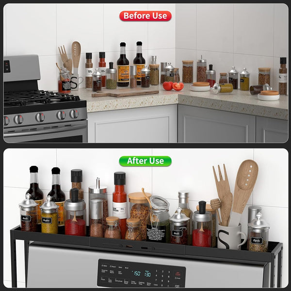 Stove Top Shelf, Kitchen over Shelf for Stove, Stove Spice Rack for Top, Adjustable 27-33Inch, Fits Various Stove Lengths, Kitchen Spice Organizer, Condiments and BBQ Sauces, Black4