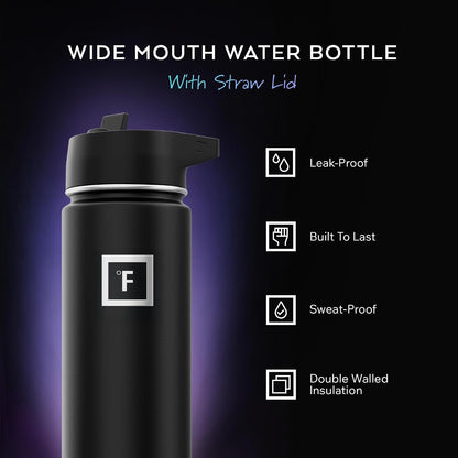 24 Oz Wide Mouth Water Bottle with Straw | Insulated Stainless Steel Sports Water Bottle with Leakproof Straw Lid - BPA Free, Cold 24 Hrs, Sweat Free (Midnight Black)2