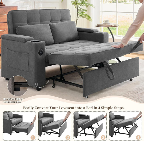 55.5'' 3-In-1 Convertible Sofa Bed, Pull Out Couch with 5-Position Adjustable Backrest, Loveseat Sleeper Sofa for Small Spaces, Sofa Couch with Cup Holders for Living Room, Office, Chenille7