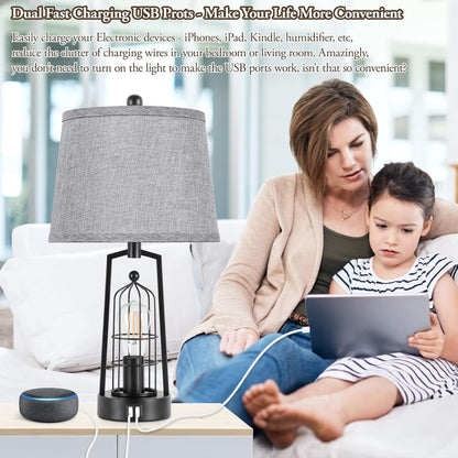 Farmhouse Table Lamps with 2 USB Ports, Set of 2 Rustic Industrial Desk Lamp for Living Room, 2-Light Black Bedside Lamp, Bedroom Nightstand Lamp with Gray Lampshade for House Decor, Reading5