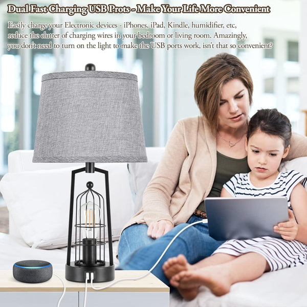 Farmhouse Table Lamps with 2 USB Ports, Set of 2 Rustic Industrial Desk Lamp for Living Room, 2-Light Black Bedside Lamp, Bedroom Nightstand Lamp with Gray Lampshade for House Decor, Reading5
