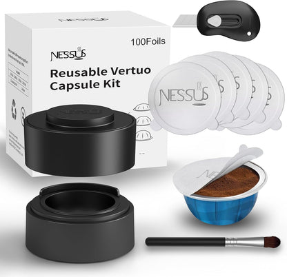 Reusable Pod Kit for Nespresso Pods Vertuo, Reuse Old Coffee Pods for Nespresso Vertuo: 100 Pcs Aluminum Foil Seal Lid, Holder, Brush, Refillable Vertuo plus Next Capsule Machine(No Pods Come)1
