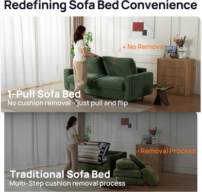 Pull Out Sofa Bed, No Cushion Removal, Queen Sleeper Sofa with USB Fast Charging, Memory Form Mattress, 2-In-1 Convertible Comfy Loveseat Couch Bed for RV, Apartment, and Small Spaces (Green)3