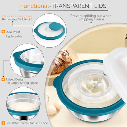 Mixing Bowls, 24-Piece Stainless Steel Salad Serving Bowl with Airtight Clear Lids, Metal Nesting Bowl for Kitchen Cooking Prepping Storing with 3 Graters, 4.6/2.6/1.5/1/0.7 QT, Teal Blue3