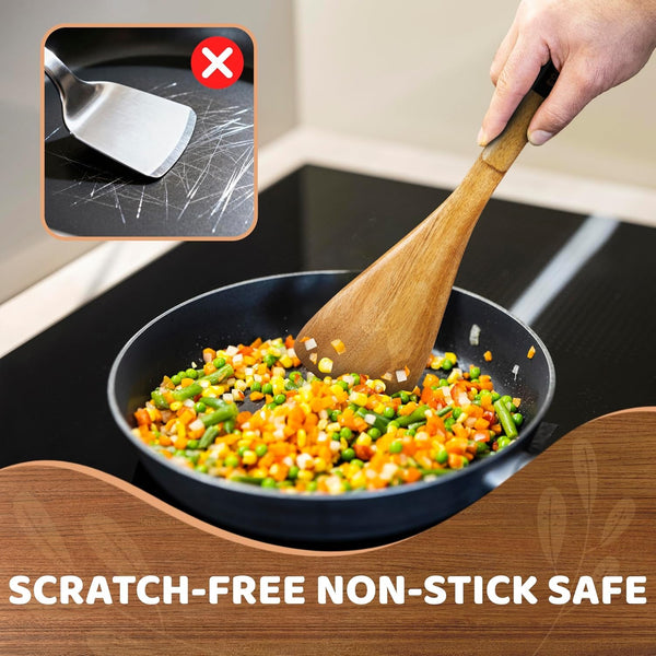 Wood Cooking Utensils Set, 5 PCS Wooden Spoons for Cooking Includes Stainless/Wood Kitchen Tongs, Non-Stick Wooden Utensil Set with Innovative Finger Groove & Non-Slip Notch Design, Black4
