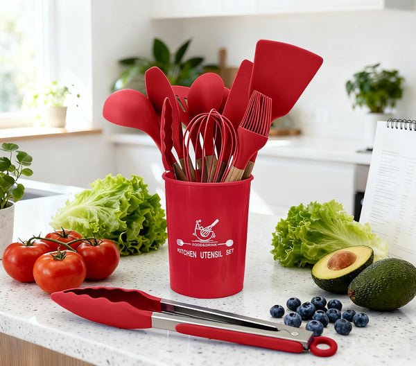 Silicone Kitchen Utensil Set, 12-Piece Cooking Spatula Set with Natural Beech Wood Handles, Non-Stick, Heat Resistant (Red)3