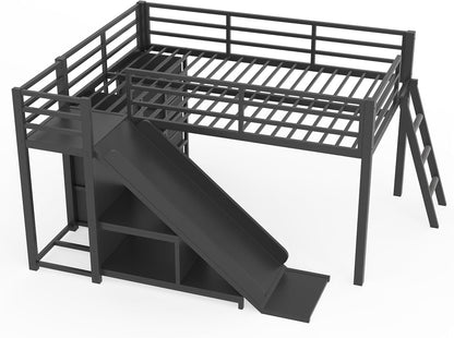 Twin Low Loft Bed with Slide and LED, Storage Drawers and Hanging Area, 2 Assembly Methods, Black7