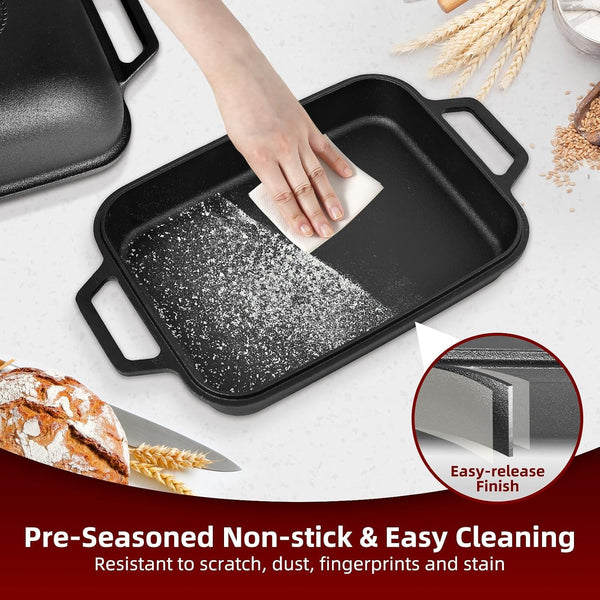 9QT Large Cast Iron Bread Loaf Pan with Lid, Dutch Oven for Sourdough Bread Baking, Non-Stick Cast Iron Sourdough Baking Pan with Lid, 12.3" X 9.2", Matte Black7