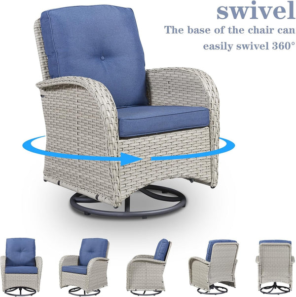 Patio Wicker Chairs Swivel Rocker - Outdoor Swivel Rocking Chairs Set of 2 with Rattan Side Table,3 Piece Patio Swivel Glider Chair Furniture Sets for Patio Porch Pool Light Beige/Blue3