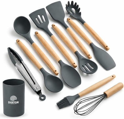 12 Piece Silicone Kitchen Cooking Spoon Set Wooden Handle & Holder - Small1