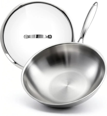 4.2 QT Tri-Ply Stainless Steel Wok Pan with Lid, 12" Flat Bottom Stir Fry Skillet for Asian Cuisine, Premium 18/10 Induction Cookware for 3-4 Servings, Oven Safe1