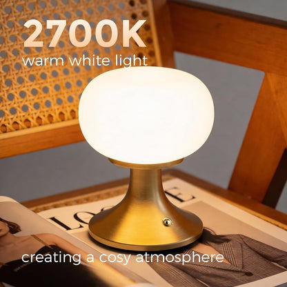 Cordless Mushroom Table Lamp - Stepless Dimming - 2700K Warm Light - Gold | Aluminum Base & Glass Shade - 150LM - Rechargeable Table Lamp for Bedroom,Living Room,Dining Table5