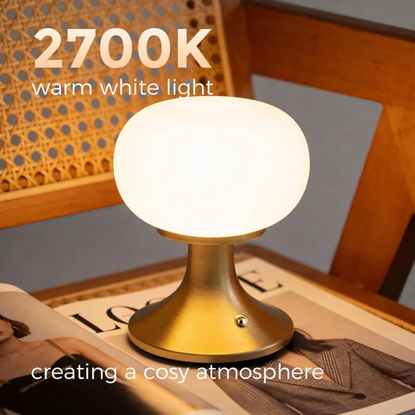 Cordless Mushroom Table Lamp - Stepless Dimming - 2700K Warm Light - Gold | Aluminum Base & Glass Shade - 150LM - Rechargeable Table Lamp for Bedroom,Living Room,Dining Table5