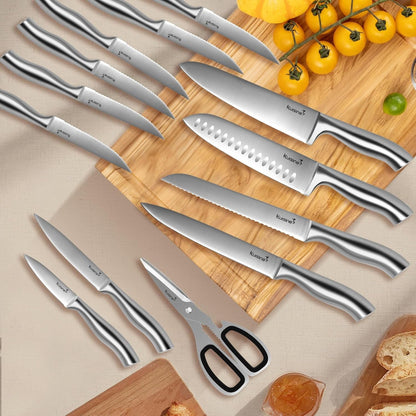 Premium Sharp Knife Set Carbon Steel Forged,Ergonomic Handle Knife Block Set,Kitchen Block Knife Set,Chef Knife Set Built-In Sharpener(Silver Pro, 15PCS)6